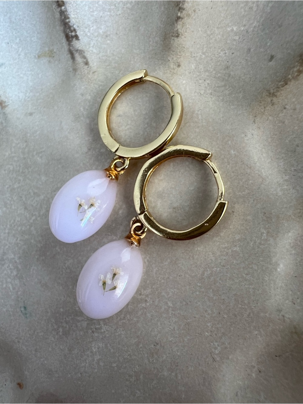 Gold Hoop Earrings with Pale Pink Resin Drops